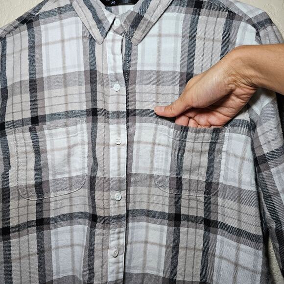 Riders Lee Neutral Plaid Flannel Grey Soft Cozy Women Medium Y2K Button Up Top - Picture 5 of 11